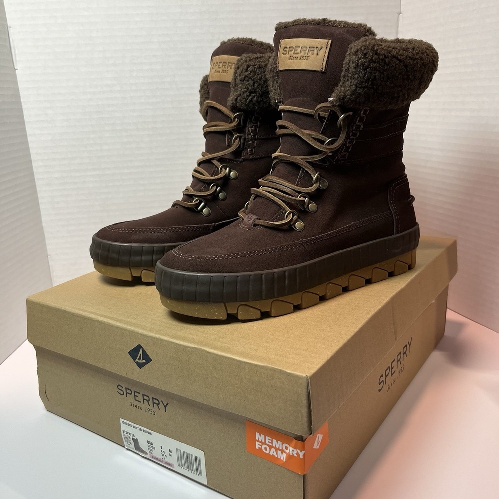 Sperry Torrent Winter Boots Brown Leather Womens 7 Memory Foam STS87756 NIB